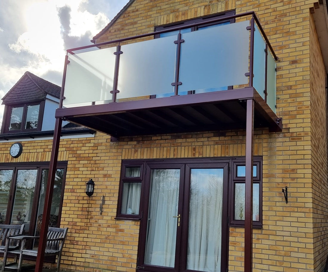 Post Supported Walkout Balcony in Brown Powder Coat, Colour Matched to the Windows - St Neots, Cambridgeshire