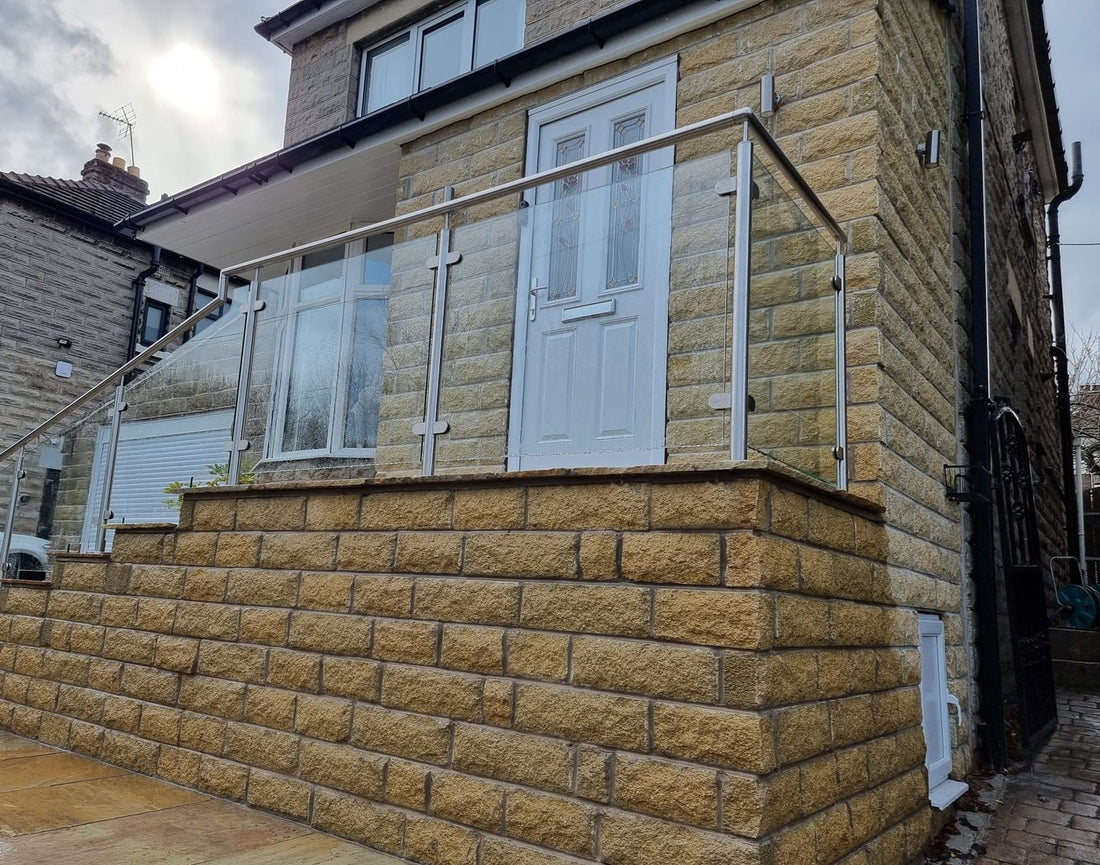 Framed Glass Balustrade to Stone Entrance Steps and a Raised Terrace - Grenoside, Sheffield
