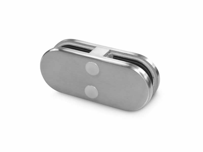 Stainless steel inline clamp joining two glass balustrade panels edge to edge