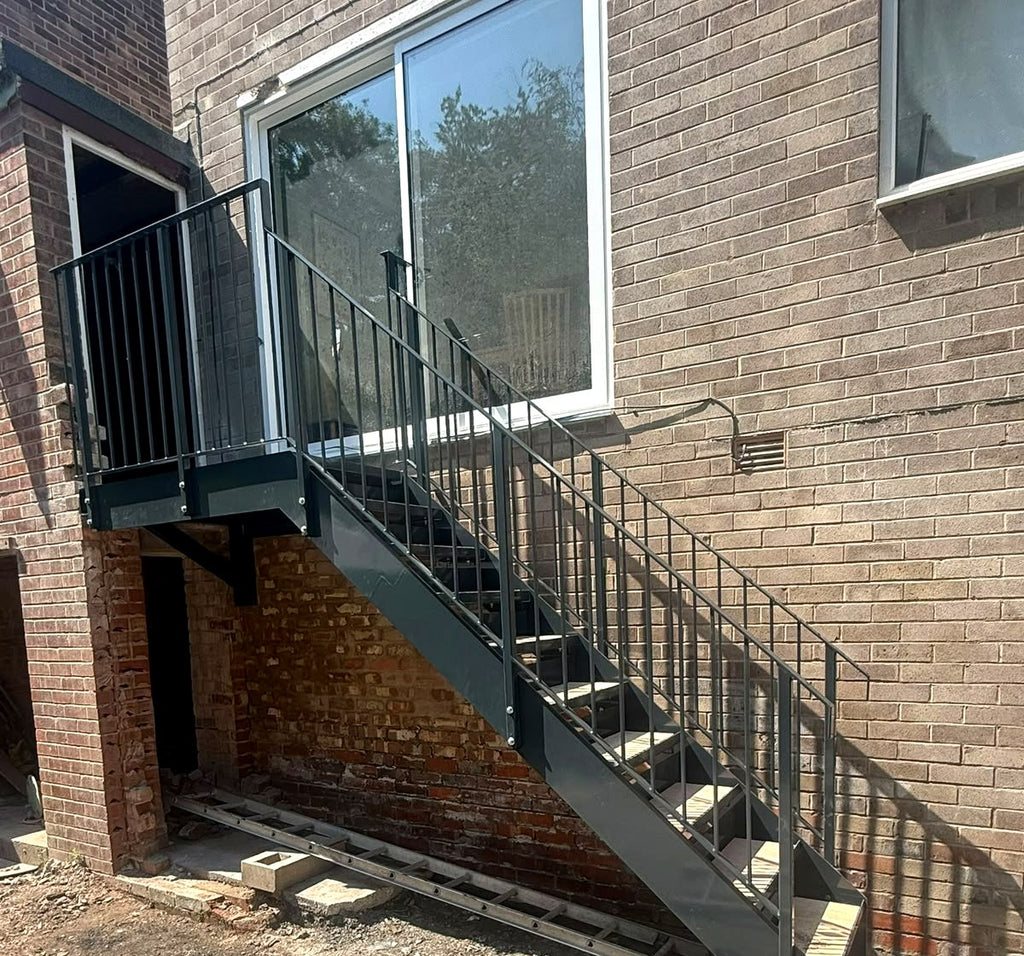 Anthracite grey external metal staircase with bar infill railings, Sheffield