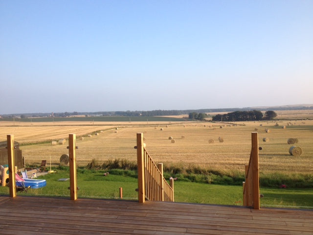Toughened glass panes set between timber deck posts, looking out over open farmland