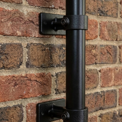 Two black wall fixing brackets mounting a washing line pole to a wall