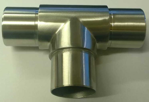 3 way stainless steel tube connector joining three handrail tubes