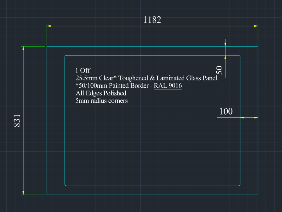Drawing of a 1182 x 831mm walk-on laminated floor glass panel with 50mm and 100mm painted borders