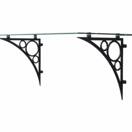 Black ornate glass porch canopy showing the decorative bracketry