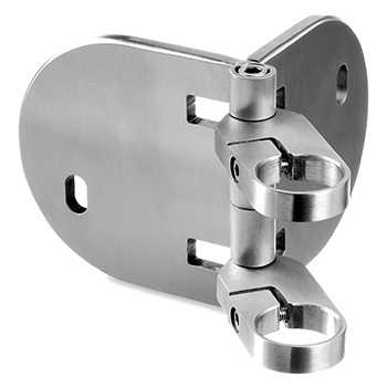 Brushed stainless steel corner baluster bracket with offset fixing holes and grub screws