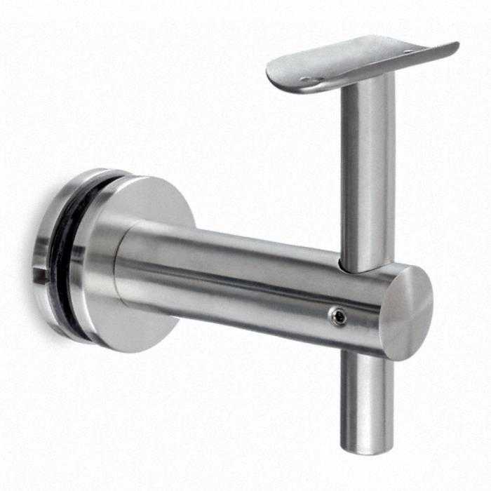 Brushed stainless steel offset bracket with round glass clamp base and adjustable stem