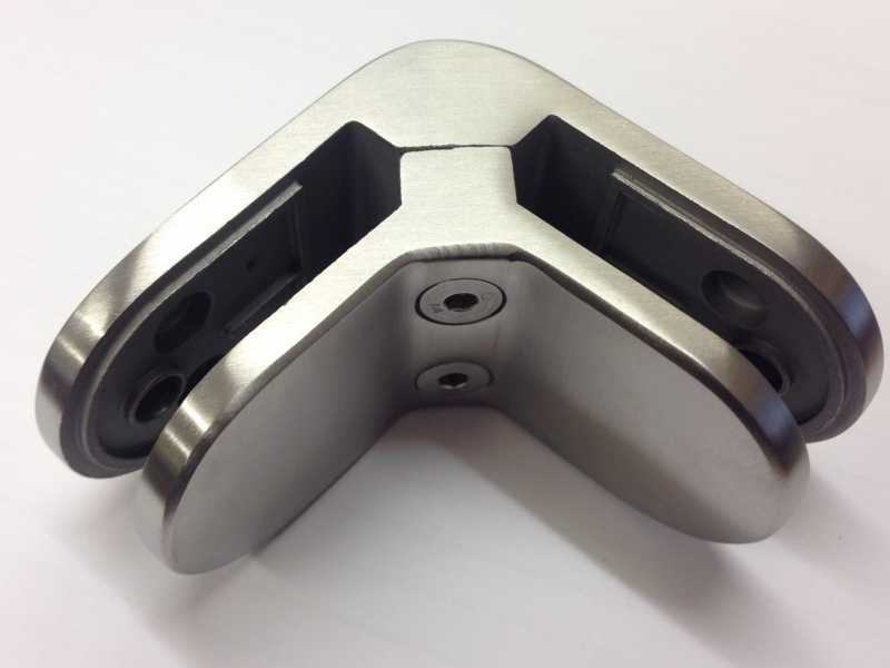 Stainless steel 90 degree corner glass clamp shown on its own