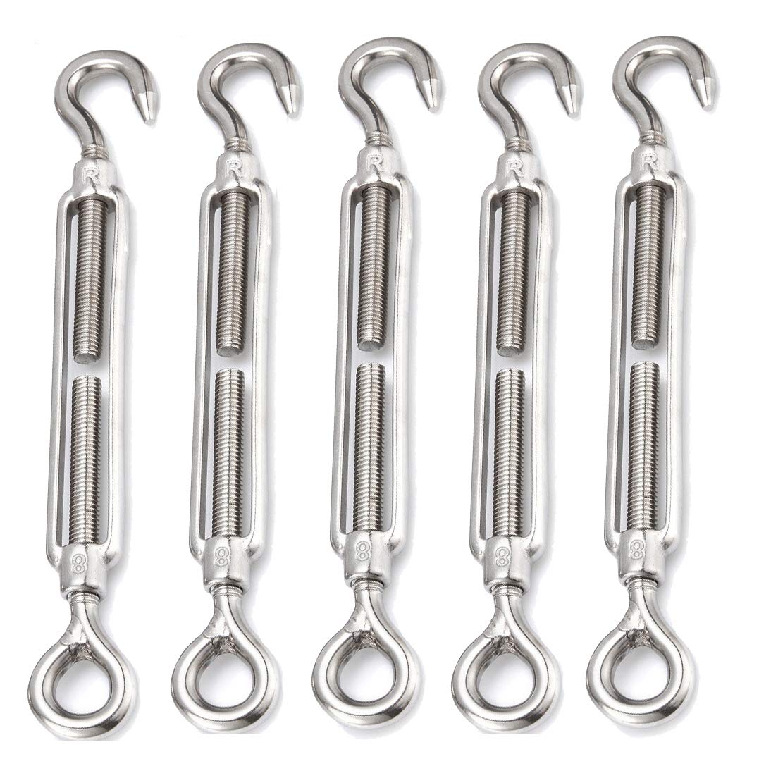 Stainless steel M8 tension turnbuckle with hook and eye for a shade sail