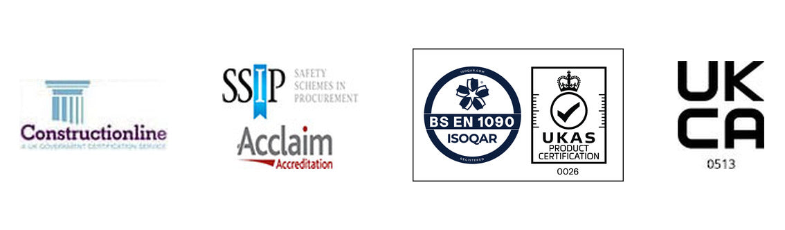 Constructionline, SSIP Acclaim Accreditation, BS EN 1090 ISOQAR with UKAS Product Certification 0026, and UKCA marking 0513