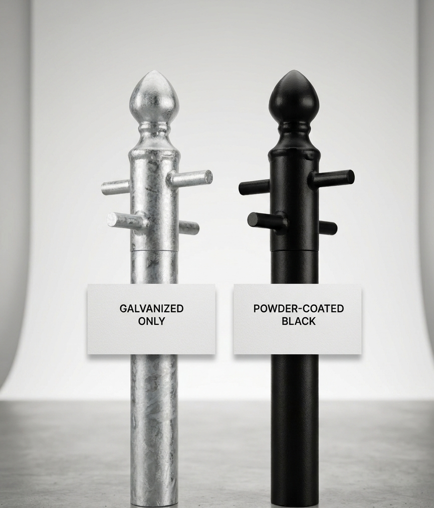 Ornate washing line pole shown galvanised only alongside the same pole powder coated black