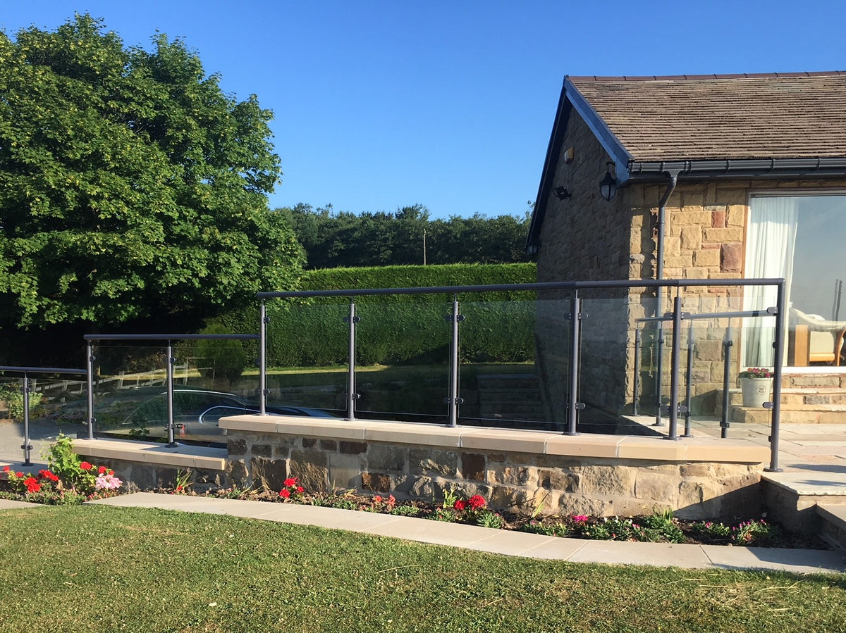 Glass balustrade system in anthracite grey
