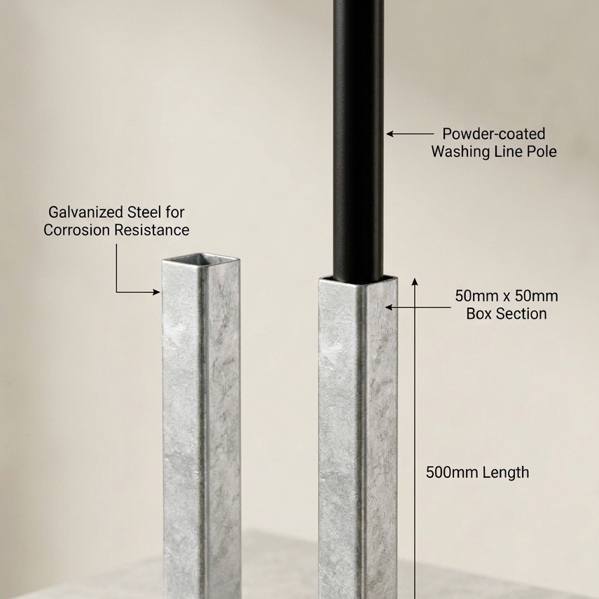 Galvanised ground socket for a washing line pole, 500mm long 50x50mm box section