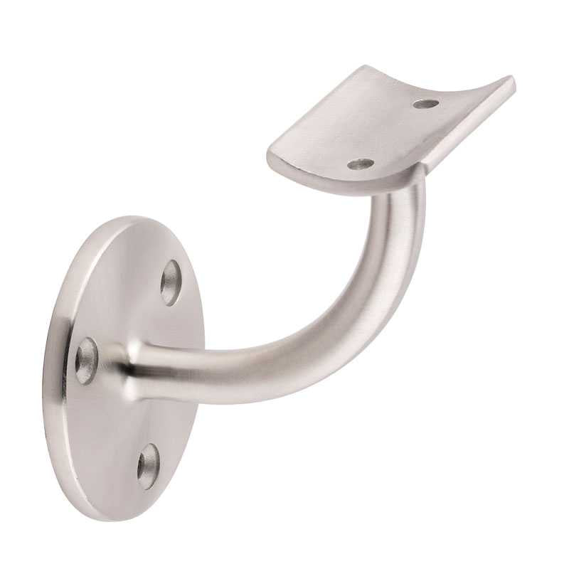 Brushed stainless steel handrail bracket with round wall rose base and curved saddle