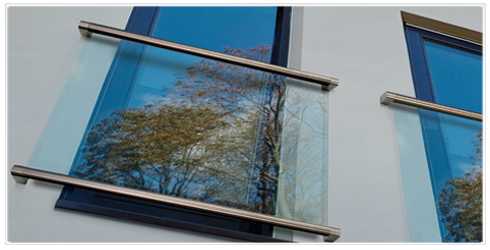 Wembley glass Juliet balcony with slotted stainless steel top and bottom rails