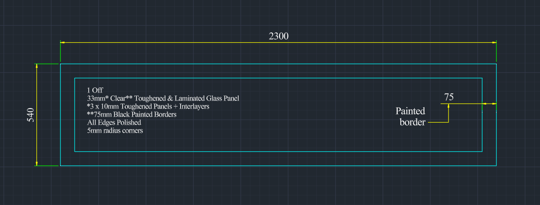 2300 x 540mm walk-on laminated floor glass panel with a 75mm black painted border