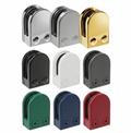 Powder coated glass clamps shown in a range of RAL colours including black, anthracite grey and white