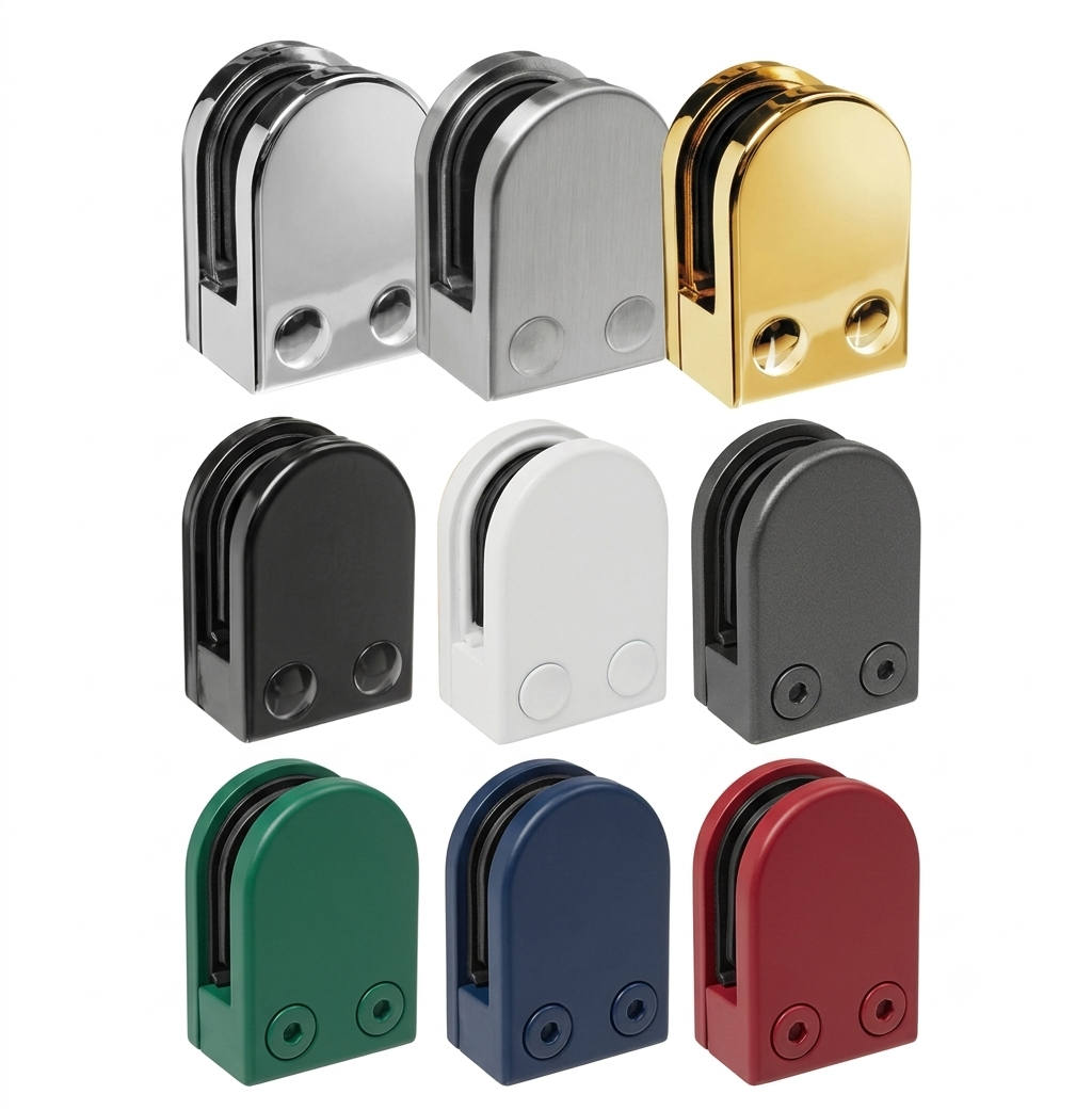 Powder coated glass clamps shown in a range of RAL colours including black, anthracite grey and white