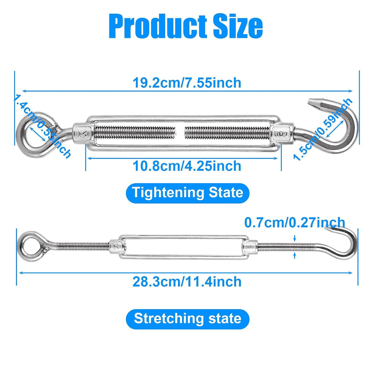 Stainless steel hook and eye tension turnbuckle for tensioning a shade sail line