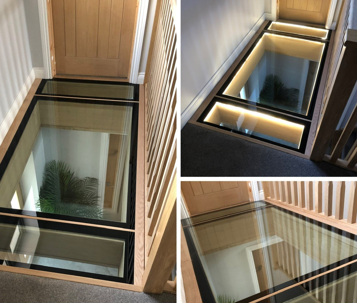 25.5mm walk-on laminated floor glass panels with black borders and LED lighting in a landing